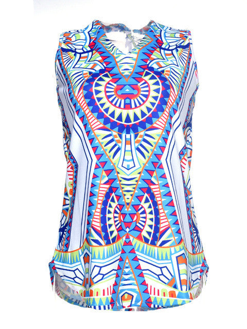 Long Blouse V Neck Tie Up Tribal Colorful Pattern Sleeveless 2017 Spring Summer 2017 High Quality Women Fashion Clothes Women