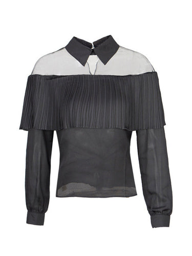 Mesh Ruffle Sheer Long Sleeve Turn Down Collar Fashion Black White Summer Office Lady Top Casual Women Shirt