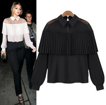Mesh Ruffle Sheer Long Sleeve Turn Down Collar Fashion Black White Summer Office Lady Top Casual Women Shirt