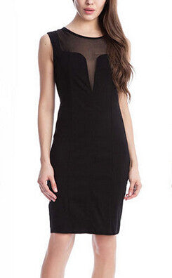 Mesh See Through Office Work Dress Sleeveless Back Zipper Midi Black Bodycon Sexy Red Dress Summer Dress 2016 Spring New Style