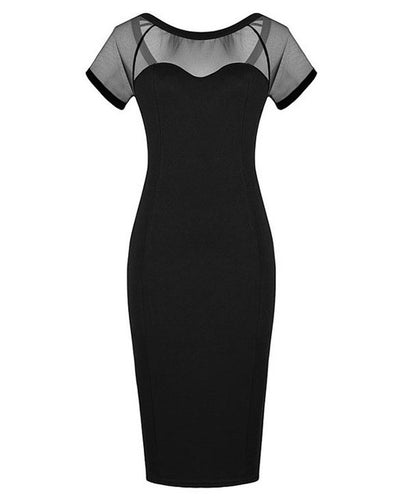 Mesh See Through Patchwork Black Knee Length Elegant Office Lady Work Dress 2016 Women Clothing Summer New Arrival Crepe