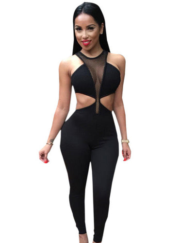 Mesh See Through Sexy Side Cut Down Open Back High Waist Jumpsuit Sexy Club Party Romper Tight 2017 Summer Bodycon Playsuit