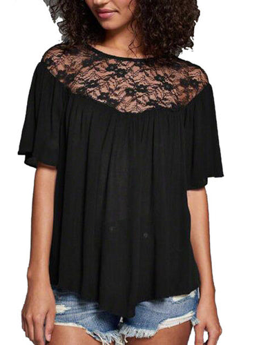 Mesh see through floral pattern loose shirt ruched fashion casual blouse black Womens Blouses For Spring 2016 Summer Ladies