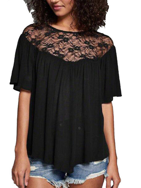 Mesh see through floral pattern loose shirt ruched fashion casual blouse black Womens Blouses For Spring 2016 Summer Ladies