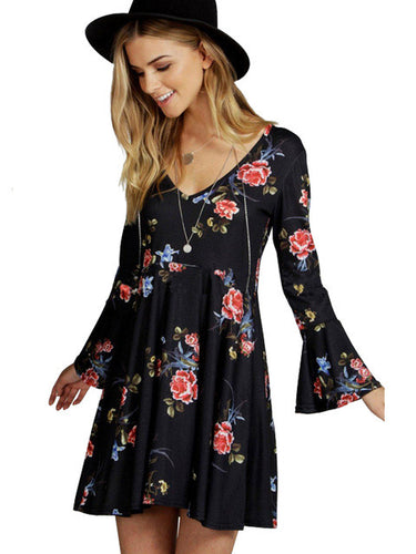 Mini Black Dress Flower print Loose Dress Casual bell sleeve Dresses For Women 2016 Summer New Arrivals 2016 Women Dresses