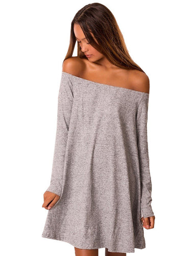 Mini Grey Ruched Casual Loose Dress Off Shoulder Solid Full Sleeve Dress 2016 Women Fall Casual New Autumn Dresses