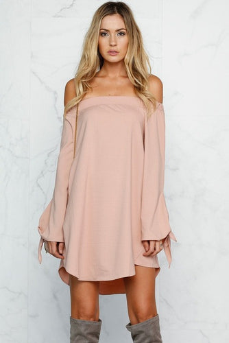 Mini Off Shoulder Loose Casual Dress Solid Bow Pink Summer Dresses Women Shift Dress Summer 2016 New Fashion Dresses