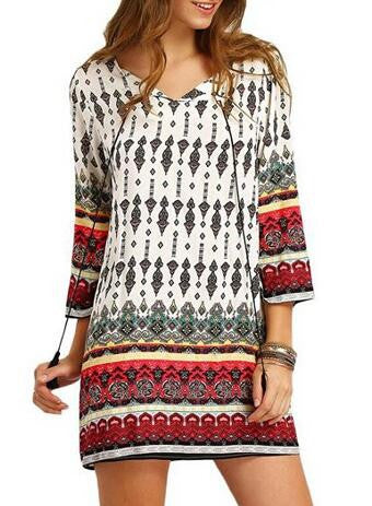Mini print Summer Casual Three Quarter Sleeve tribal V-Neck dress Casual ethnic For Women 2016 New Arrival Fashion shift Dresses