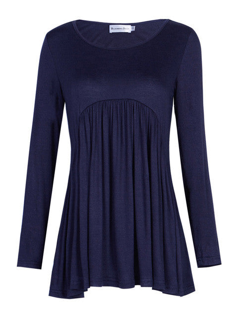 Navy Blue Ruched Loose Shirt Ladies Long Top Women Tops And Blouses 2016 New Fashion Long Sleeve Womens Blouses For Autumn