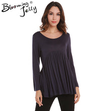 Navy Blue Ruched Loose Shirt Ladies Long Top Women Tops And Blouses 2016 New Fashion Long Sleeve Womens Blouses For Autumn