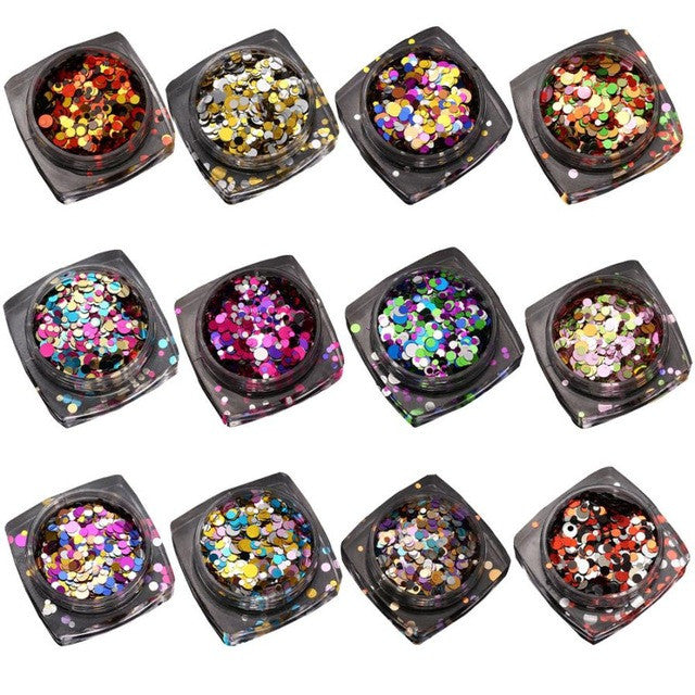 New 12PCS Hot Fashion Mixed Mini Round Thin Nail Art Glitter Paillette Nail Tip Bottle Gel Polish Decoration Manicure Tools