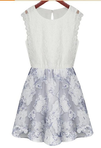 New 2015 Chiffon Dress Casual Summer Skater Dresses For Women White Work Flower Print Dress Vestidos Femininos