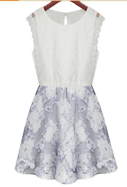 New 2015 Chiffon Dress Casual Summer Skater Dresses For Women White Work Flower Print Dress Vestidos Femininos