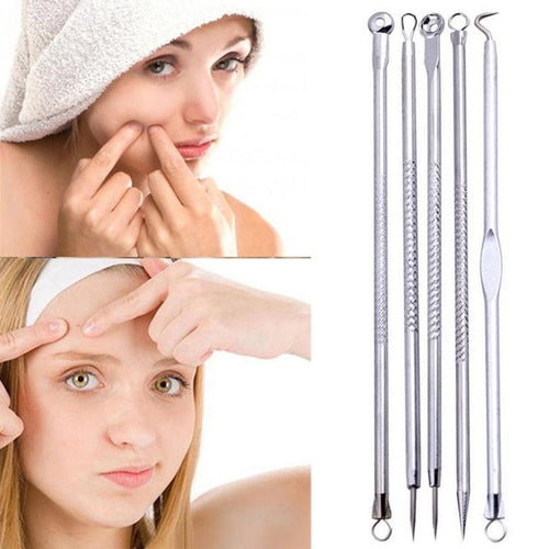 New And Hot 5 Pcs Pimple Blemish Comedone Acne Extractor Remover Tool Set Silver Color Stainless Steel Material Anne