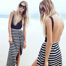 New Sexy Backless Summer Dress V Neck Split Women Dress Slip Beach Dresses Women Clothing Vestido Vestidos Striped Robe