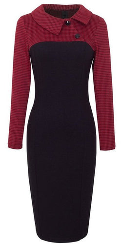 Notched Collar Button Full Sleeve Dress Plaid Pencil Knee-Length Elegant Fashion Office Skinny Dress 2016 Women Autumn Dresses