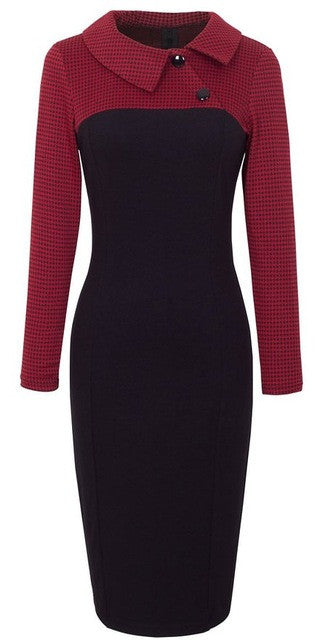 Notched Collar Button Full Sleeve Dress Plaid Pencil Knee-Length Elegant Fashion Office Skinny Dress 2016 Women Autumn Dresses