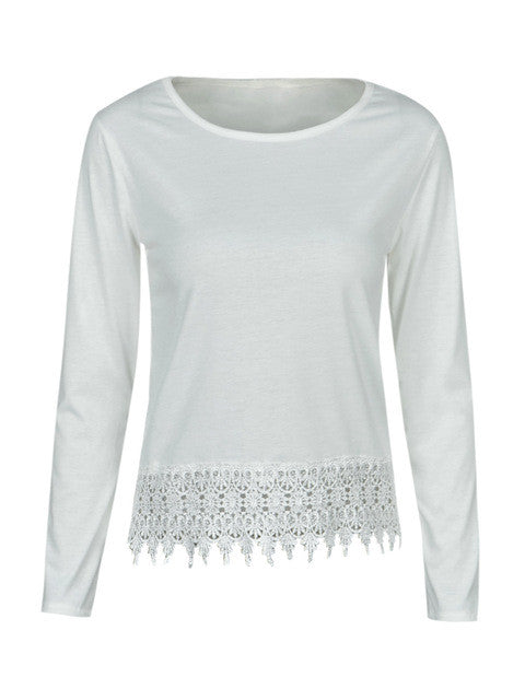 O-Neck Lace White Loose Crop Top Blouse Casual Fashion Tops Full sleeve New Arrival Summer Blouse 2016 Summer Women Casual tops