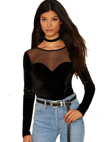 O-Neck Mesh Black Solid Sweethart Patchwork Choker Gauze Blouse Full Sleeve Slim See Through Bodycon Women Autumn Blouse Casual