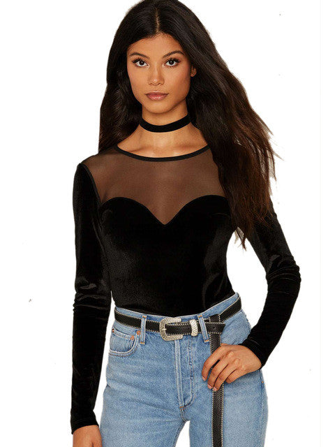 O-Neck Mesh Black Solid Sweethart Patchwork Choker Gauze Blouse Full Sleeve Slim See Through Bodycon Women Autumn Blouse Casual