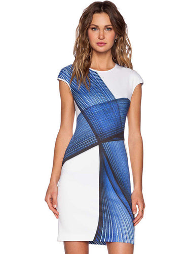 O-Neck Mini Summer Casual Print Dress White Blue office Casual Summer Dress cap sleeve 2016 New Style Summer Cloth Women Dress