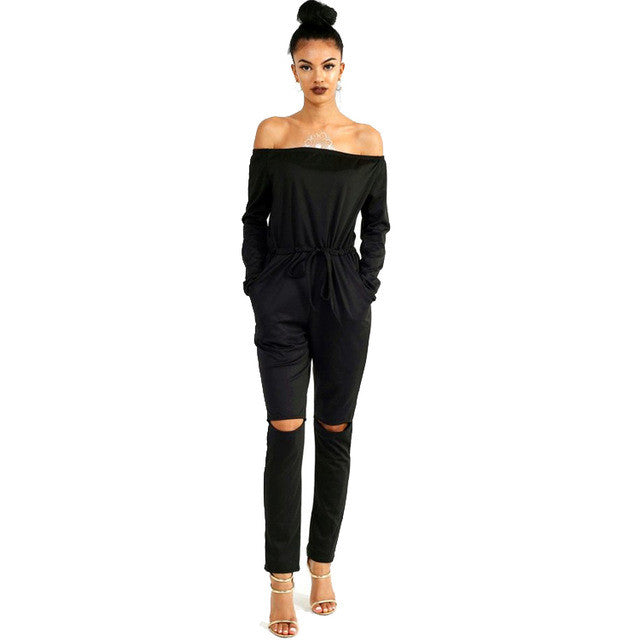Off Shoulder Bow XXL Black Bodycon Solid Jumpsuit Long Ruched Plus Size Knee Hole Jumpsuit Woman Summer Fall 2016 Romper
