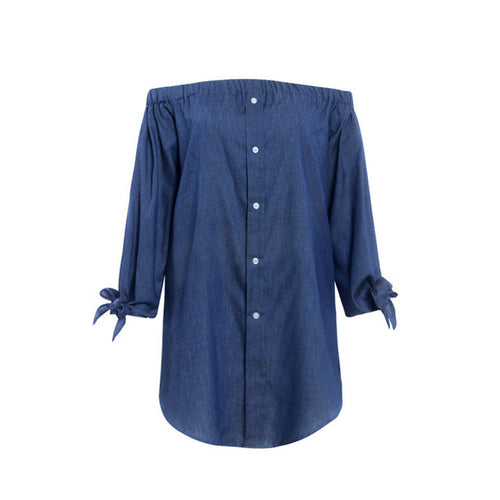 Off Shoulder Deep Blue Solid Dress Casual Bow Mini Denim Dresses women Summer New Dress 2016 Casual Summer Blue Dress Button