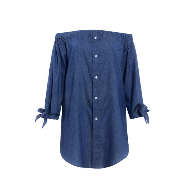 Off Shoulder Deep Blue Solid Dress Casual Bow Mini Denim Dresses women Summer New Dress 2016 Casual Summer Blue Dress Button
