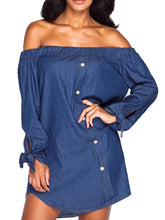 Off Shoulder Deep Blue Solid Dress Casual Bow Mini Denim Dresses women Summer New Dress 2016 Casual Summer Blue Dress Button