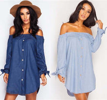 Off Shoulder Deep Blue Solid Dress Casual Bow Mini Denim Dresses women Summer New Dress 2016 Casual Summer Blue Dress Button