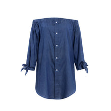 Off Shoulder Deep Blue Solid Dress Casual Bow Mini Denim Dresses women Summer New Dress 2016 Casual Summer Blue Dress Button