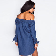 Off Shoulder Deep Blue Solid Dress Casual Bow Mini Denim Dresses women Summer New Dress 2016 Casual Summer Blue Dress Button