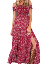 Off Shoulder Double Side Slit Long Maxi Dress Floral Print High Waist Beach Women Boho Bohemian Summer 2016 Fashion Dress