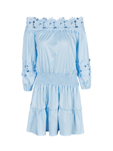 Off Shoulder Floral Lace Hollow Out Girl Blue Summer Dress High Quality Sweet Women Sundress Summer Dress 2017 New Arrival