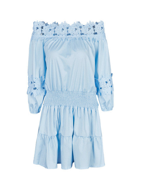 Off Shoulder Floral Lace Hollow Out Girl Blue Summer Dress High Quality Sweet Women Sundress Summer Dress 2017 New Arrival
