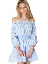 Off Shoulder Floral Lace Hollow Out Girl Blue Summer Dress High Quality Sweet Women Sundress Summer Dress 2017 New Arrival