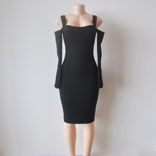 Off Shoulder Full Sleeve Mid-Calf Skinny Dress Black Hollow Out Slim Solid Sexy Lady Dress Women Fashion 2016 Autumn Club Dress