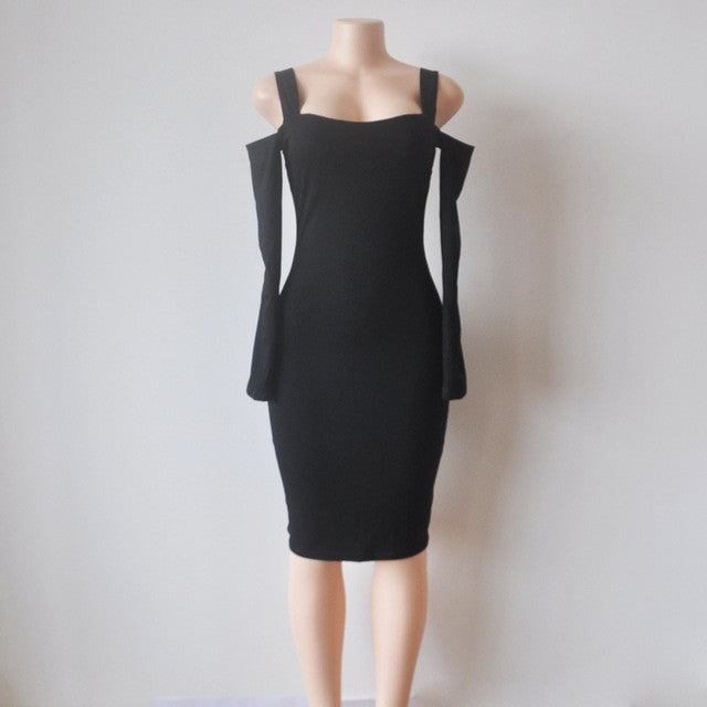 Off Shoulder Full Sleeve Mid-Calf Skinny Dress Black Hollow Out Slim Solid Sexy Lady Dress Women Fashion 2016 Autumn Club Dress