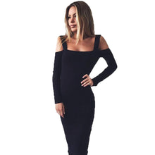 Off Shoulder Full Sleeve Mid-Calf Skinny Dress Black Hollow Out Slim Solid Sexy Lady Dress Women Fashion 2016 Autumn Club Dress