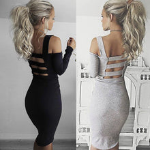 Off Shoulder Full Sleeve Mid-Calf Skinny Dress Black Hollow Out Slim Solid Sexy Lady Dress Women Fashion 2016 Autumn Club Dress