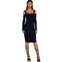 Off Shoulder Full Sleeve Mid-Calf Skinny Dress Black Hollow Out Slim Solid Sexy Lady Dress Women Fashion 2016 Autumn Club Dress