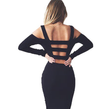 Off Shoulder Full Sleeve Mid-Calf Skinny Dress Black Hollow Out Slim Solid Sexy Lady Dress Women Fashion 2016 Autumn Club Dress