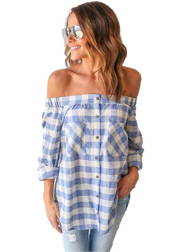Off Shoulder Plaid Front Pocket Button Up Women Shirt Blouse Fashion Lady Fashion Long Top Blue Casual 2016 Women Clothing