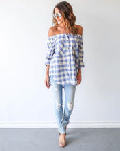 Off Shoulder Plaid Front Pocket Button Up Women Shirt Blouse Fashion Lady Fashion Long Top Blue Casual 2016 Women Clothing