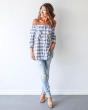 Off Shoulder Plaid Front Pocket Button Up Women Shirt Blouse Fashion Lady Fashion Long Top Blue Casual 2016 Women Clothing