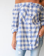 Off Shoulder Plaid Front Pocket Button Up Women Shirt Blouse Fashion Lady Fashion Long Top Blue Casual 2016 Women Clothing