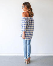 Off Shoulder Plaid Front Pocket Button Up Women Shirt Blouse Fashion Lady Fashion Long Top Blue Casual 2016 Women Clothing