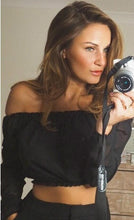 Off Shoulder Short Crop Top Long Sleeve Loose Blouse Fashion Ladies Summer Top Blouse 2016 Black Top Girl Casual