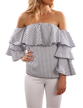 Off Shoulder Striped Shirt Ruffle Slash Neck Blouse 2017 Fashion Short Chiffon Women Blouses Chemise Blusas