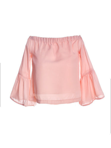 Off Shoulder Top Flare Sleeve Slash Neck Vintage Loose Blouse Sexy Shirt Women Pink Chiffon Casual Blouse Fashion 2016 Summer